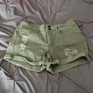 Green Midi Ripped Jean Shorts